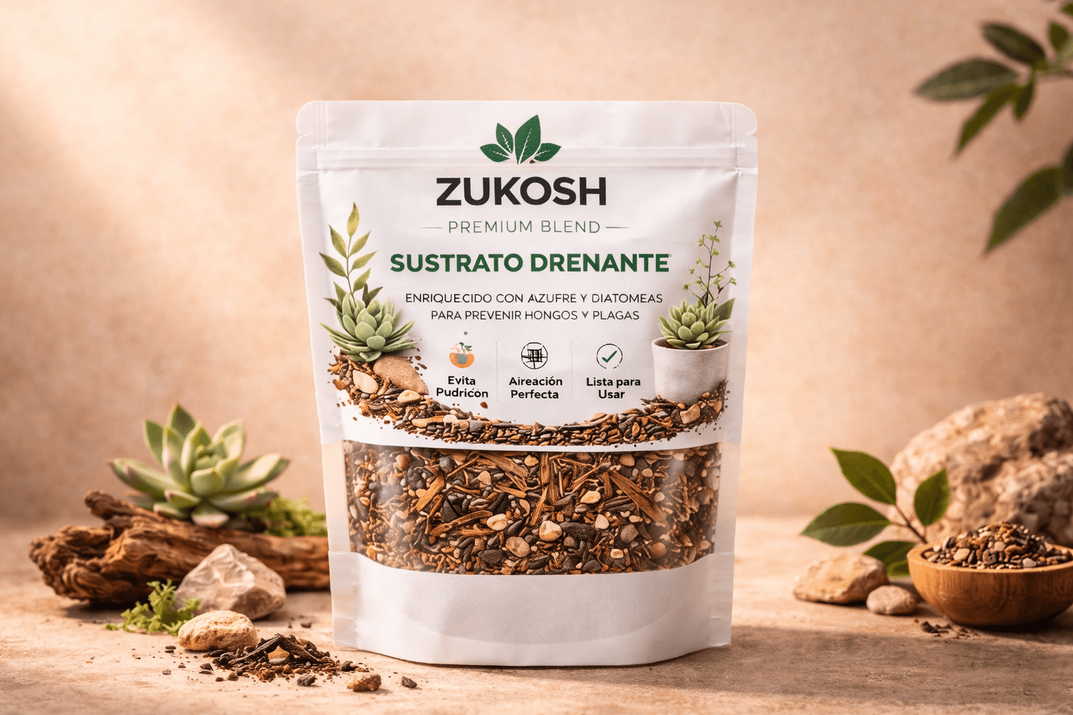 Bolsa de Zukosh Premium Blend sobre mesa editorial