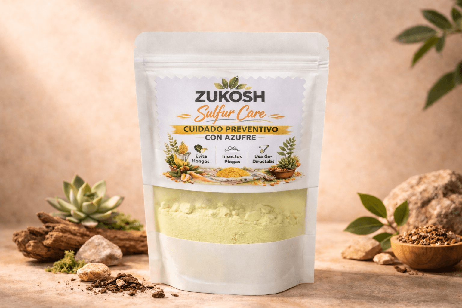 Frasco de Sulfur Care en fondo crema